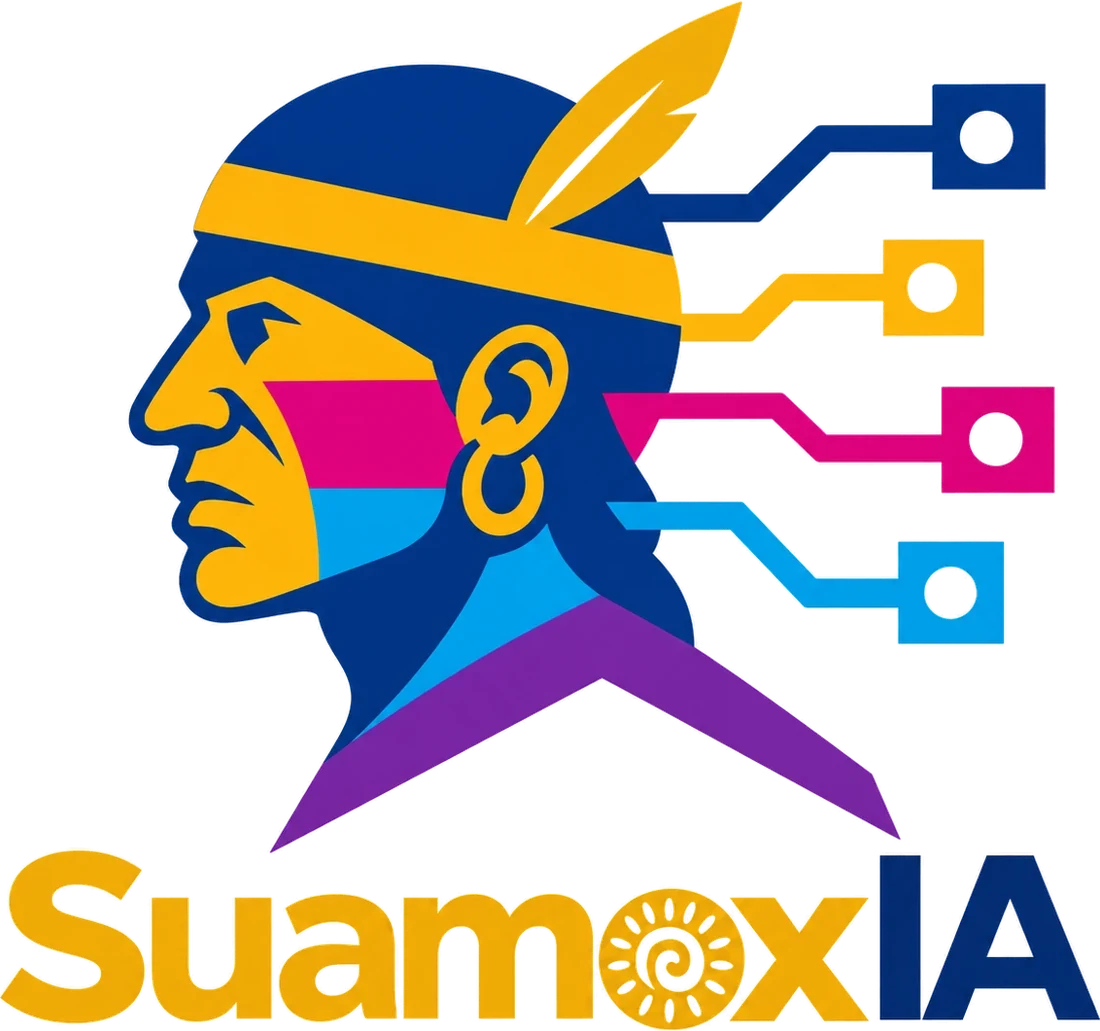Logo de SuamoxIA: el perfil del cacique Suamox del que salen cuatro circuitos, con un sol muisca en la palabra Suamox